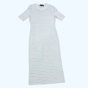 Theory Body Con Striped Ribbed Stretch Knit Midi Dress Ivory Black Small